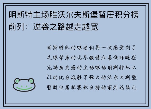 明斯特主场胜沃尔夫斯堡暂居积分榜前列：逆袭之路越走越宽
