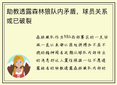 助教透露森林狼队内矛盾，球员关系或已破裂
